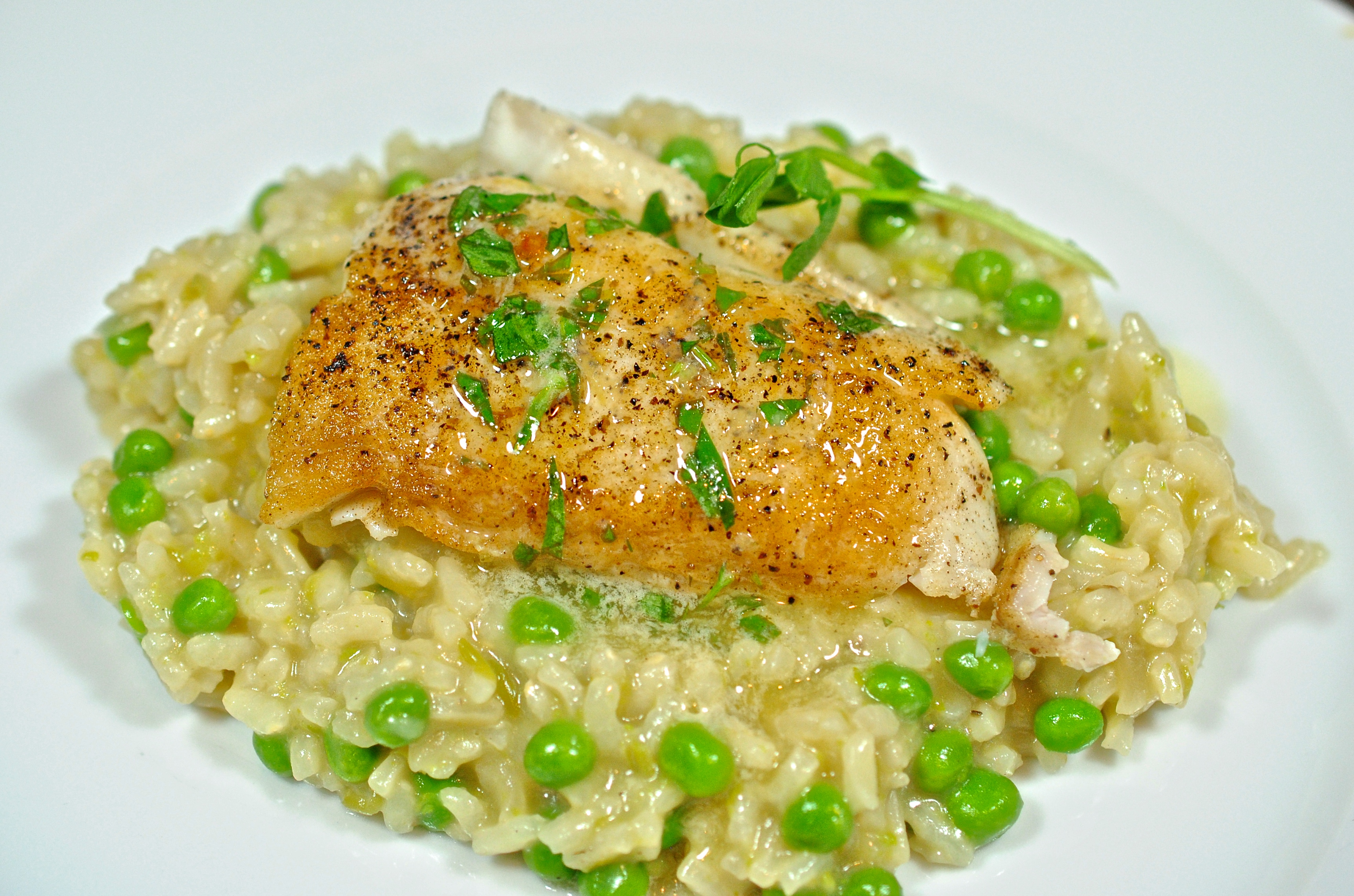 Green Pea Risotto (with Pan Seared Halibut)