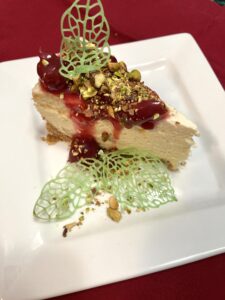 Cherry Pistachio Cheesecake with Tuile Leaves